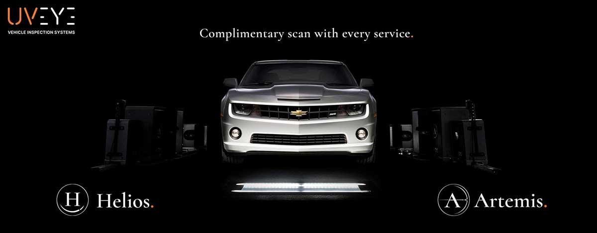 A silver Chevy Camaro surrounded by UVEYE product